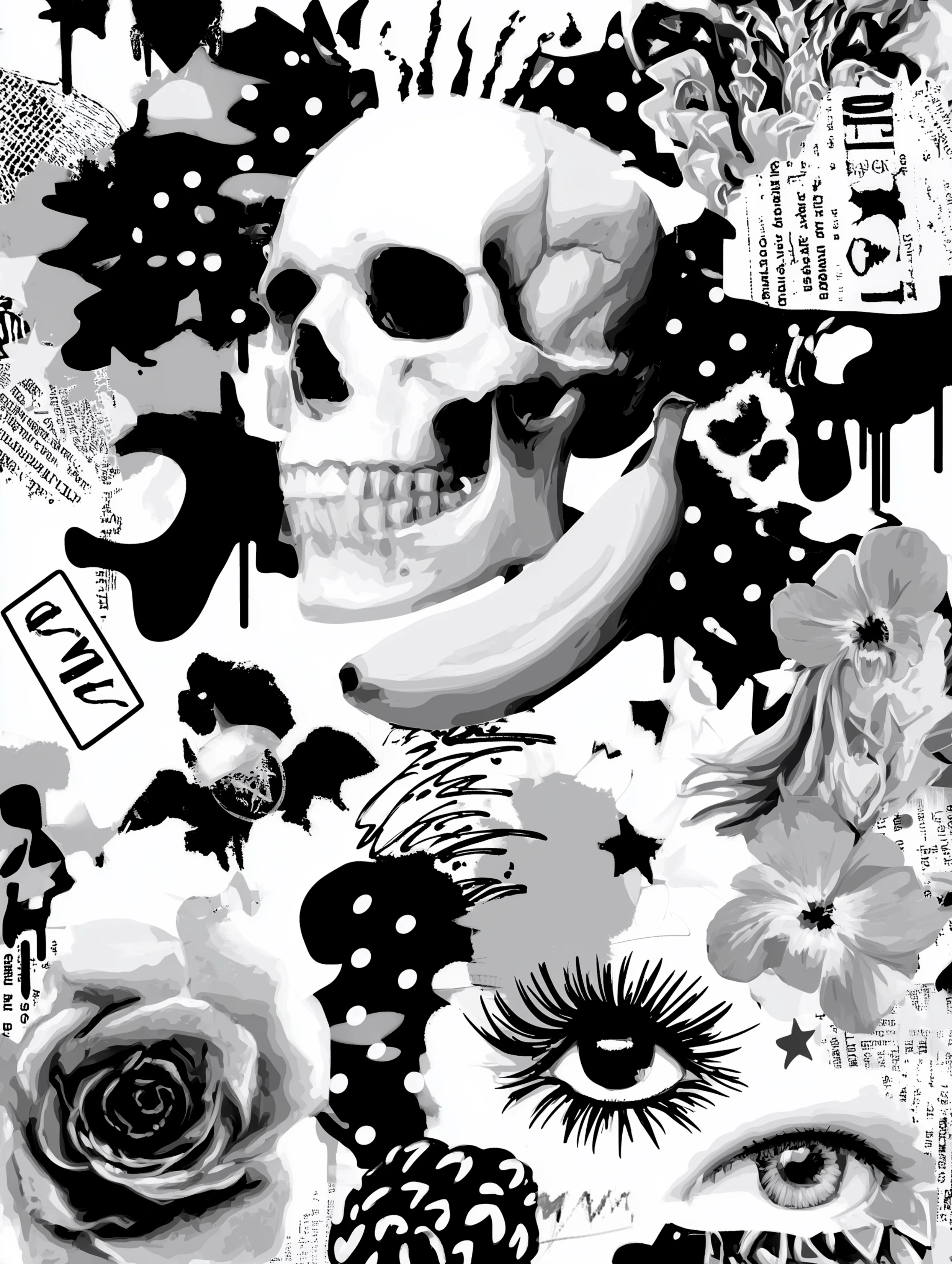 Free printable banana coloring page for adults featuring surreal skull and banana coloring sheet